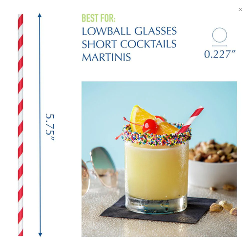 [61526005] XStraw paper Cocktail 5.75" Unwr. Red-stripe 8/875ct